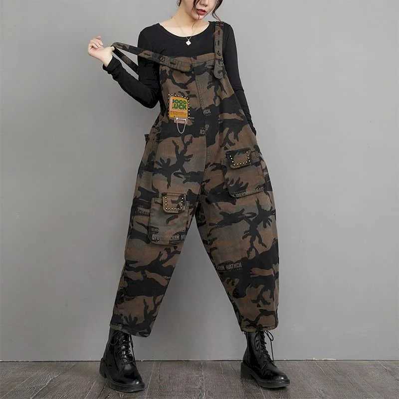 Women's Jumpsuits Rompers Denim Jumpsuits for Women Large Size One Piece Outfit Women Camouflage Romper Loose Korean Fashion Pocket Casual Vintag