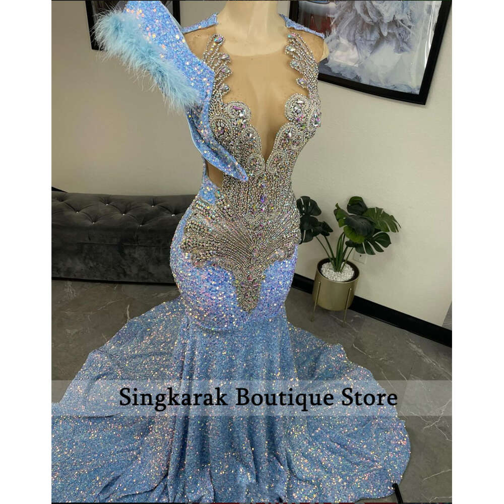 Sparkly Dimoands Baby Blue Prom Beads Crystal Rhinestones Feathers Graduation Party Dress Birthday special Reception Robe
