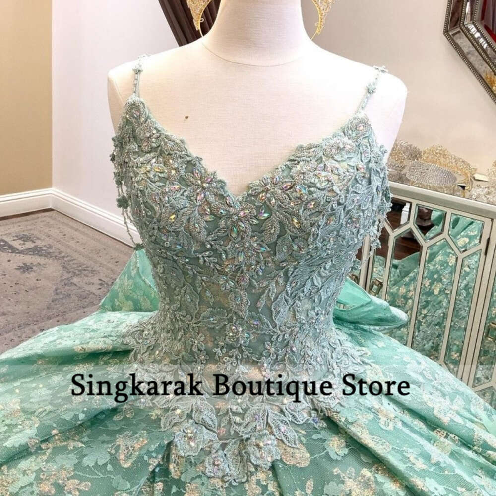 Green New Princess Quinceanera Dresses Ball Straps Wers Appliques Beaded Crystals Sweet Th Gown Court Train