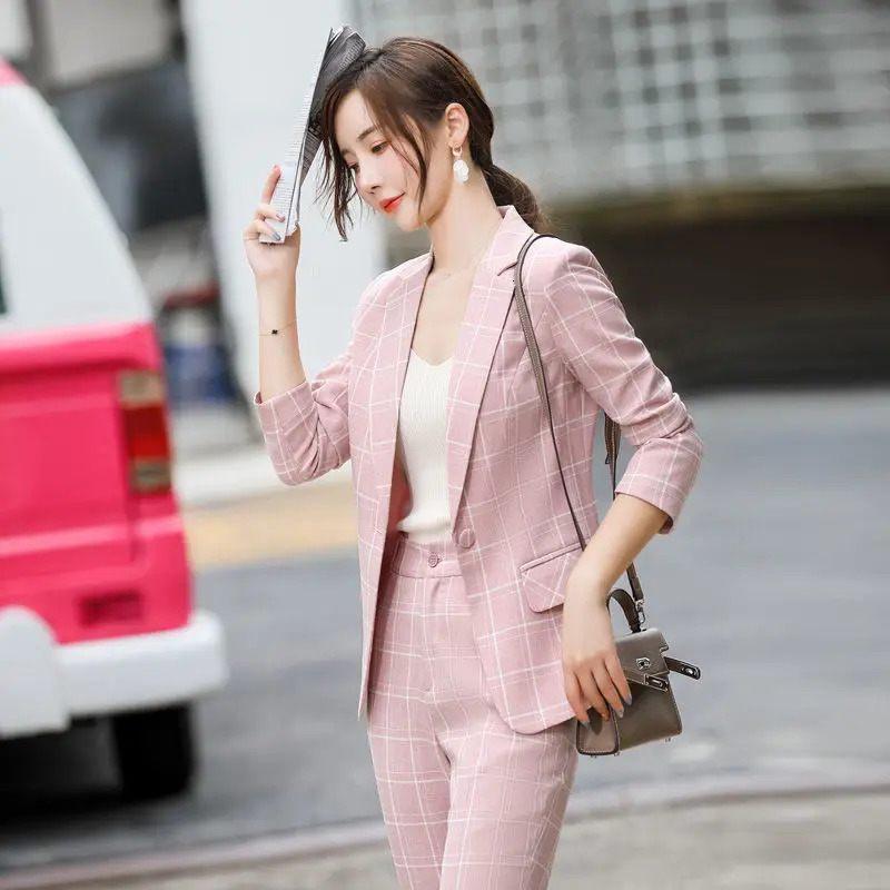Plaid Splice Slim Fit Jacket Blazer Casual Wide Leg Pants Two Piece Elegant Womens Suit Summer Office Business Set Outfit 240428
