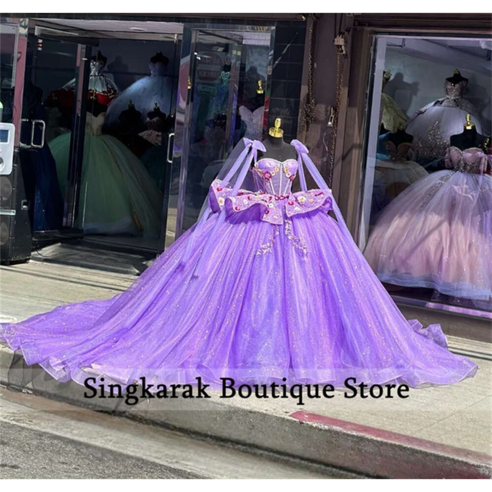 Design Purple New Quinceanera Dress Ball Gown Straps Wers Appliques Beading Corset Pageant Sweet 15 Prom Party Puffy Train