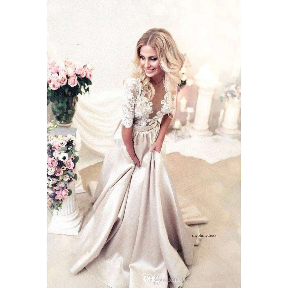 White Champagne Satin Bridal Half Long Sleeve Lace Applique Dresses Sheer Neck Illusion Wedding Gown Buttons Back 0510