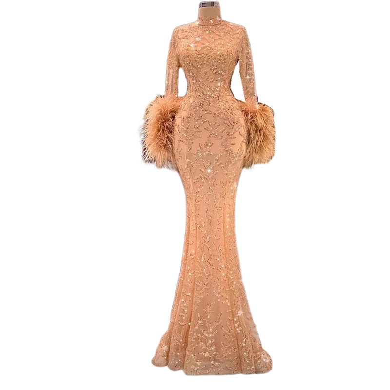 Glitter Beaded Mermaid Prom Dresses Feathers Long Sleeves Formal Evening Gowns High Neck Open Back Elegant Arabic Dubai Pageant Dress Bride Reception 