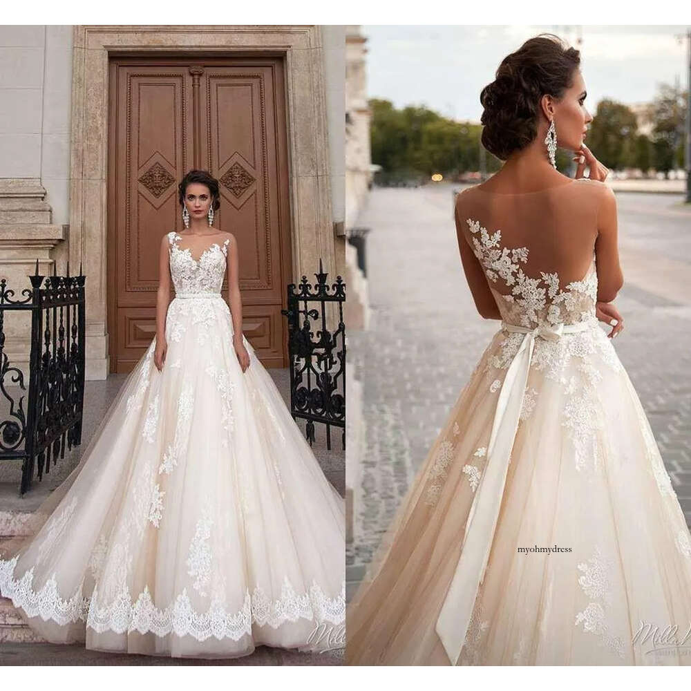 Stunning Dresses Illusion Back Appliques Lace Chapel Train Bridal For Western Style Sheer Neck Arabic Wedding Gown Po30 0510