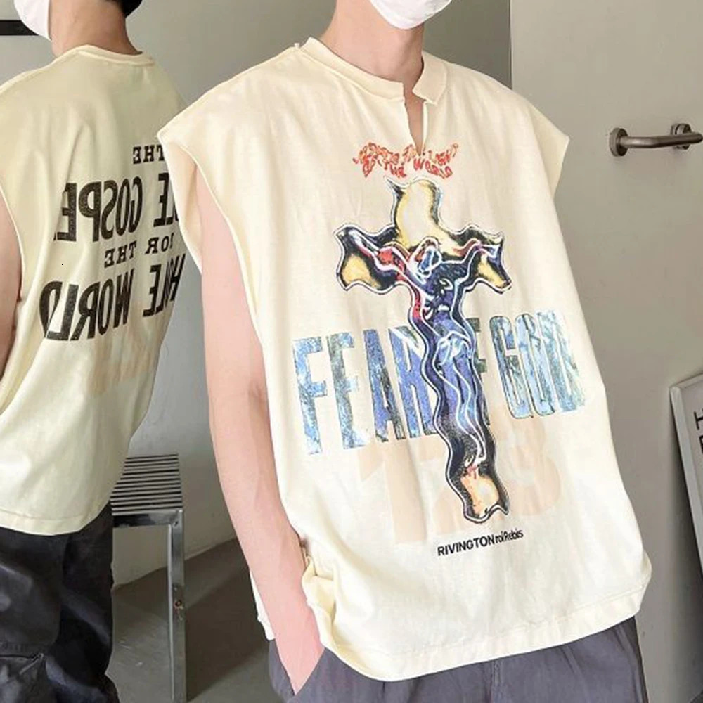 Hiphop V-neck Sleeveless Vest Summer Casual Y2K Retro Graffiti Printing High Street Loose Vest T-shirt Top Mens Clothing 240429