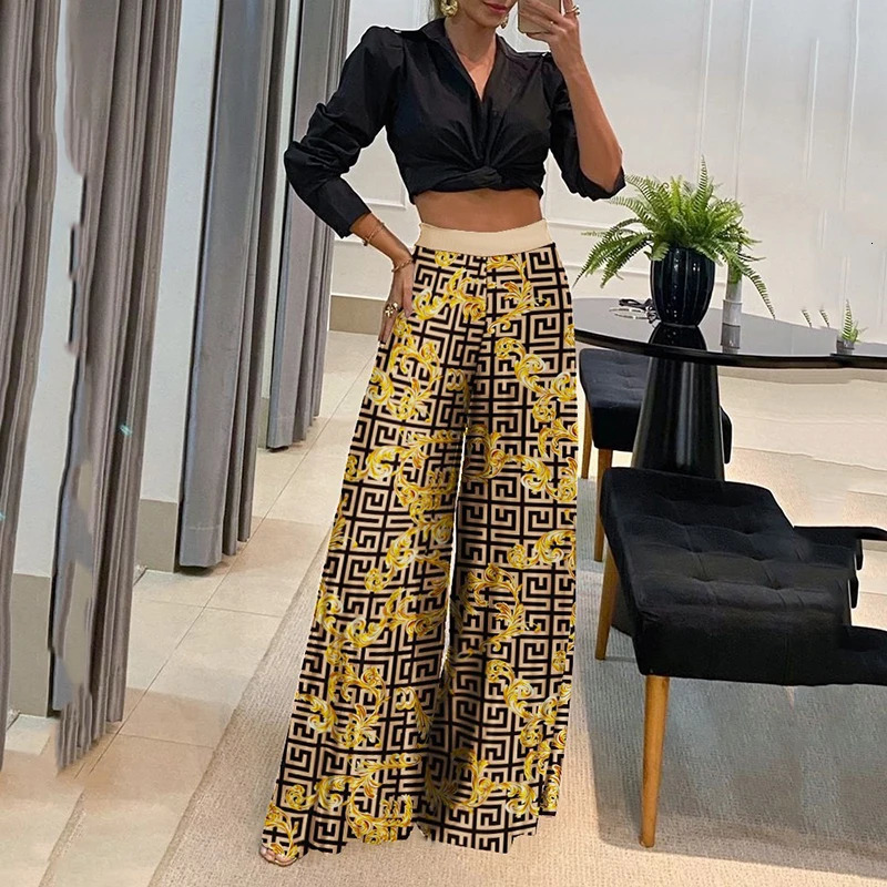 Fashion Women Sets Bohemia Beach Style Street Trendy VNeck Long Sleeve Shirt Top Wide Leg Pants High Waist Set 240423
