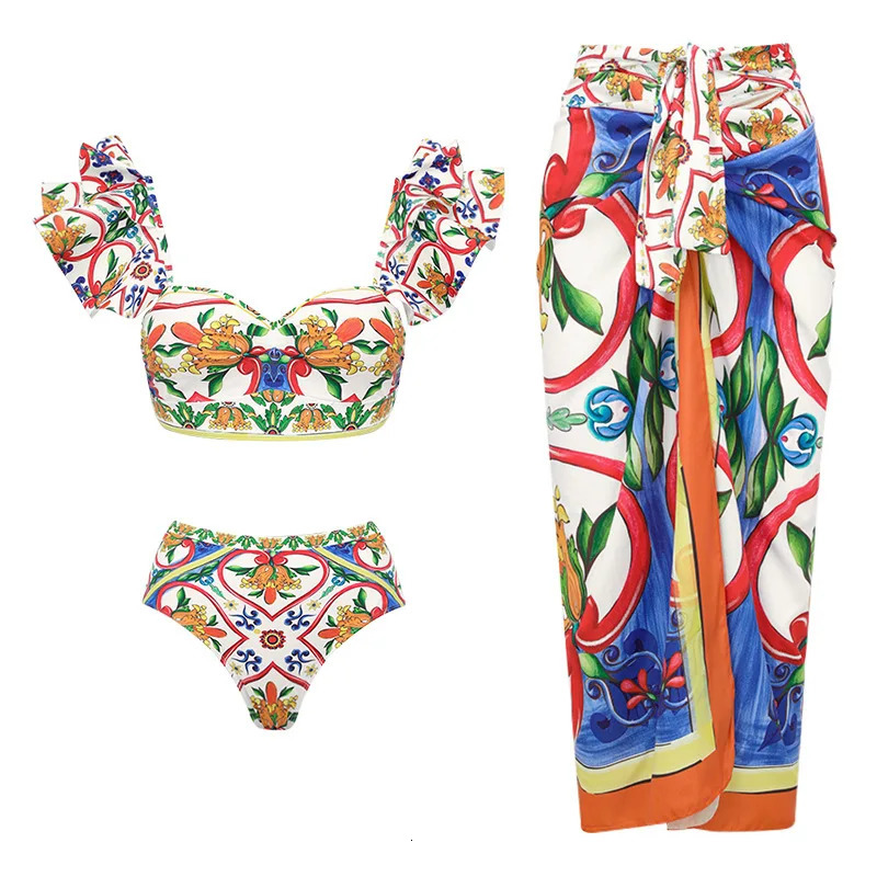 2024 Women Swimwear 2PC Cover-up Swimsuit Ruffle Solid Printed Deep V One-piece Monokini Kimono Bikini Suit Summer Beachwear 240510