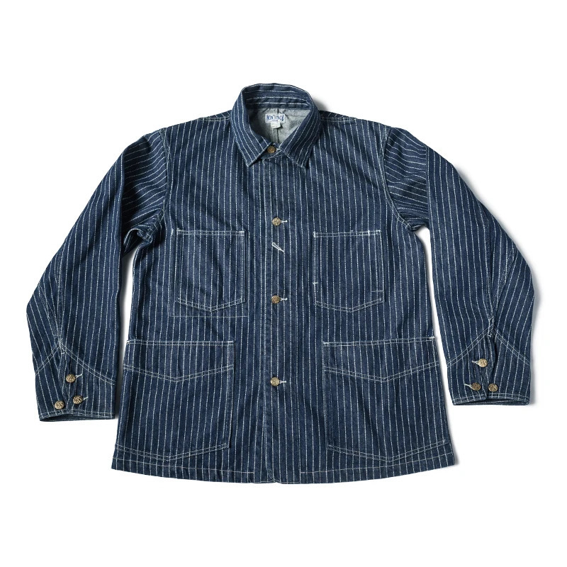 Non Stock 12oz Wabash Chore Jacket Vintage Mens Railroad Stripe Denim Coat Blue 240428