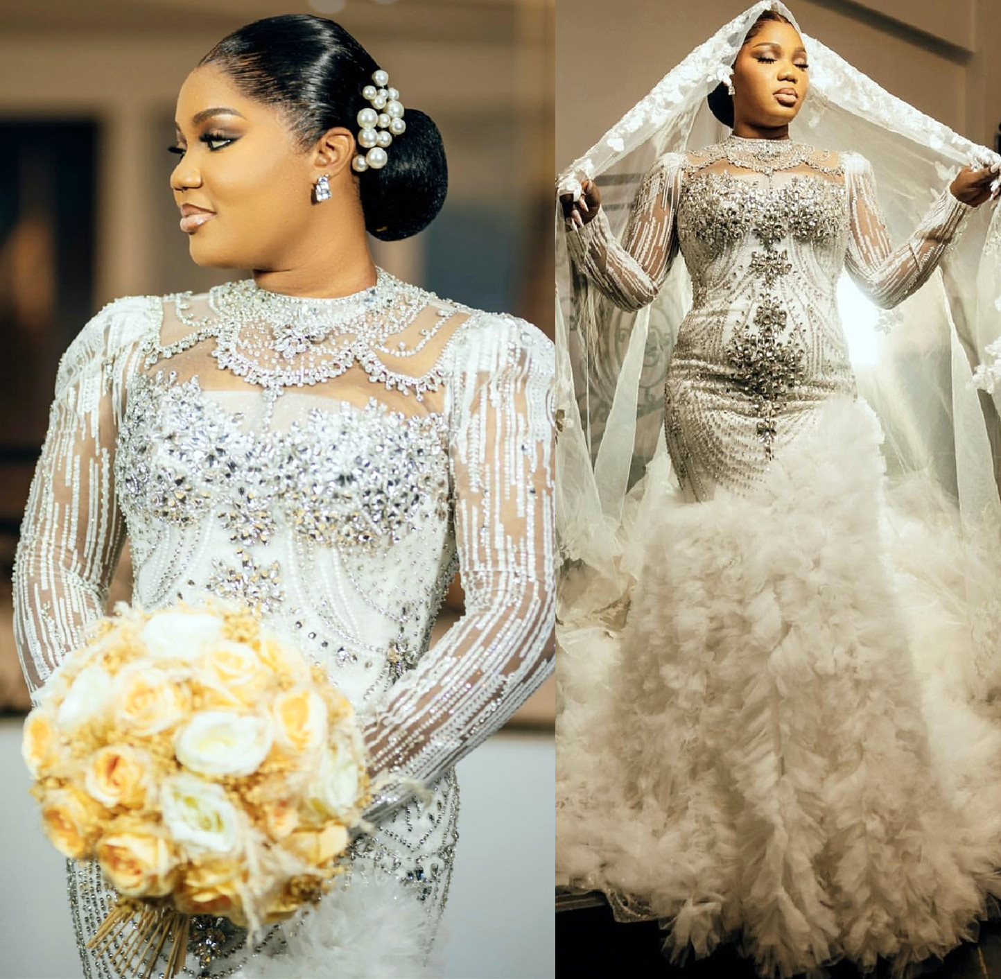 2024 Arabic Aso Ebi Plus Size Mermaid Crystals Wedding Dresses Sheer Neck Tiers Tulle Bridal Gowns Dresses ZJ202