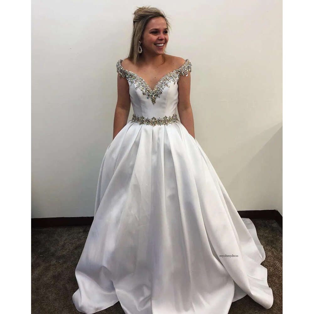 Cheap Satin Prom Dresses With Pockets Off The Shoulder Sleeveless Party Vestidos Largos Crystals Evening Gowns P49 0510