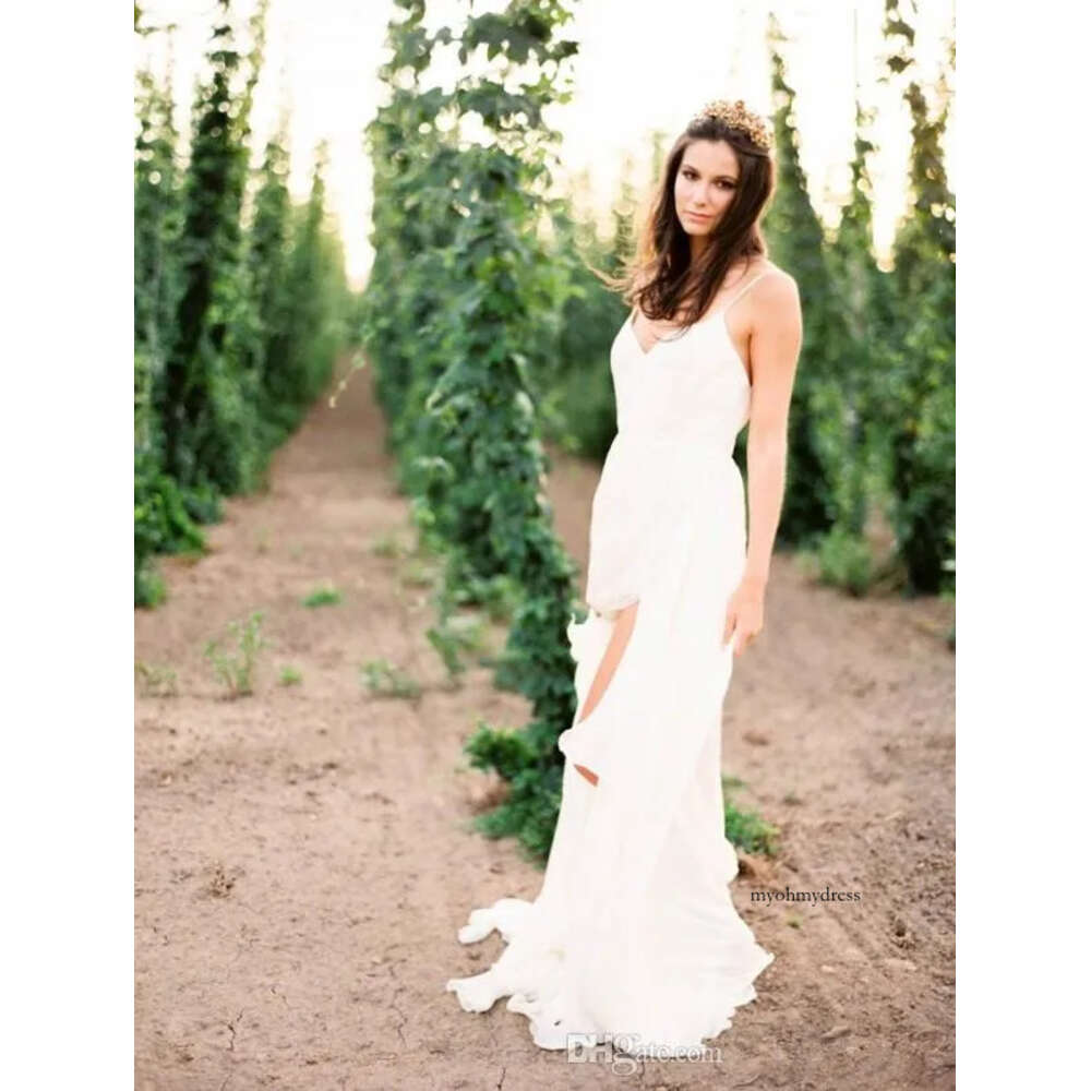 Sexy Backless Boho Chiffon Beach 2017 Spaghetti Sweetheart Bridal Dresses Bohemian Country Wedding Gowns Side Split 0510