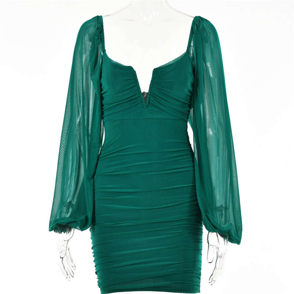 Fashionable and Sexy Women's Style V-neck Short Skirt 2022 Summer New Mesh Long Sleeve Backless Dress Women F51052