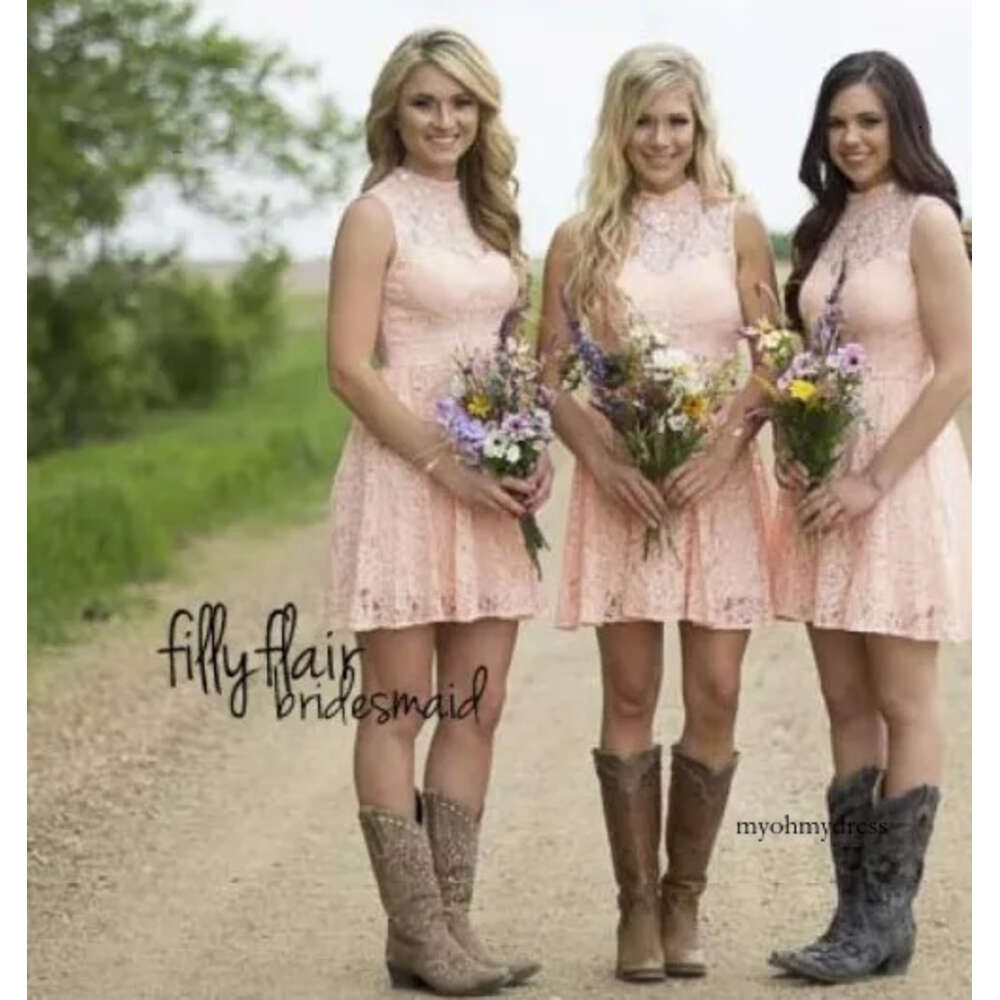 2019 Lace Short High Neck Sleeveless Open Back Sequins Pink Bridesmaid Gowns Backless Country Wedding Party Dresses Mini 0510