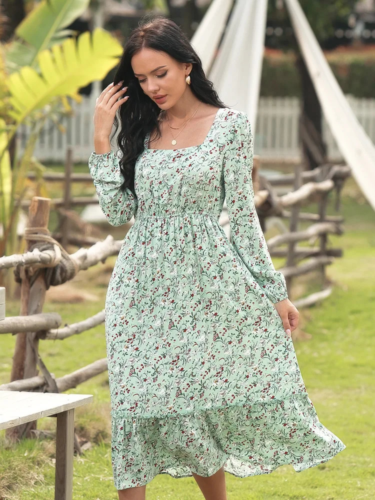 Long Sleeve Maxi Dress for Women Square Neck Casual Boho Floral Print Spring Summer Dresses 240509