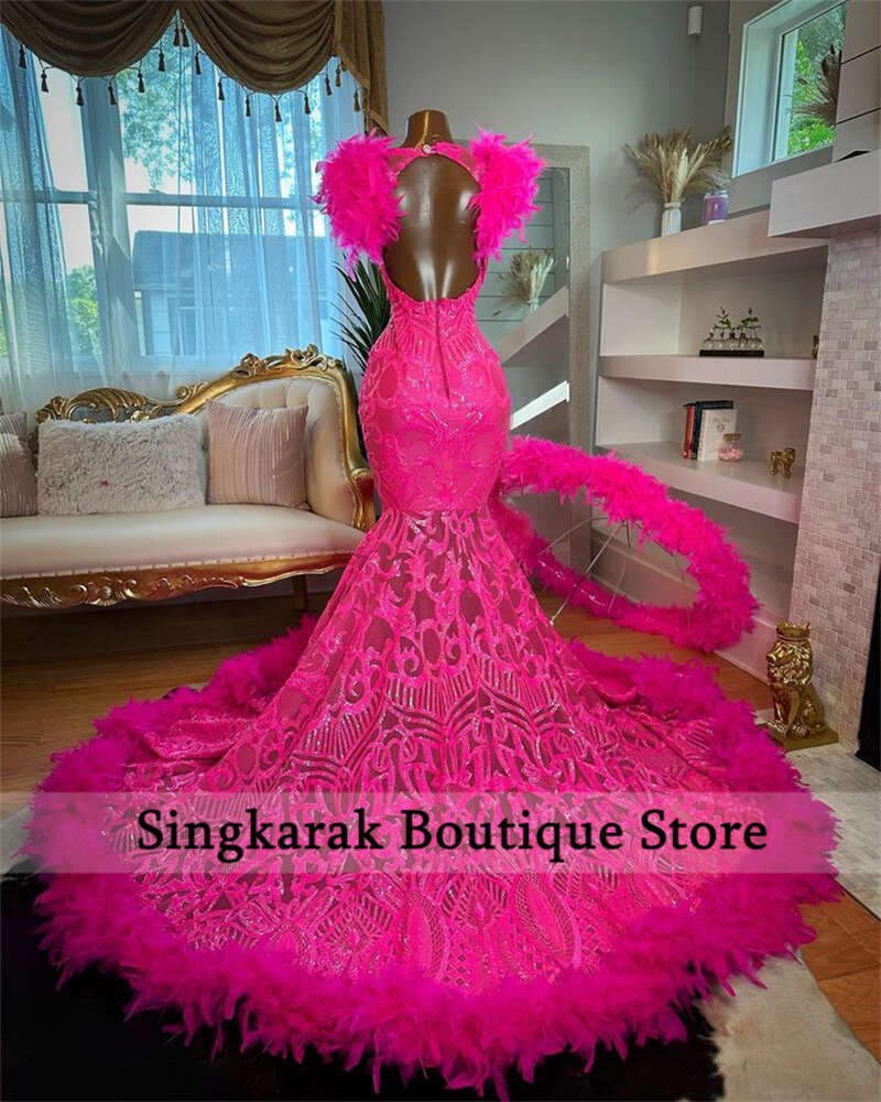 Sexy Sparkly Hot Pink Mermaid Prom Dresses 2023 For Black Girls V-Neck Sequins Feathers Birthday Party Robe De Bal Custom 6660306
