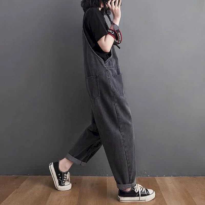 Women's Jumpsuits Rompers Black Denim Jumpsuits for Women Korean Style Solid Playsuit Wide Leg Pants Loose Trousers Oversized Overalls for Women 