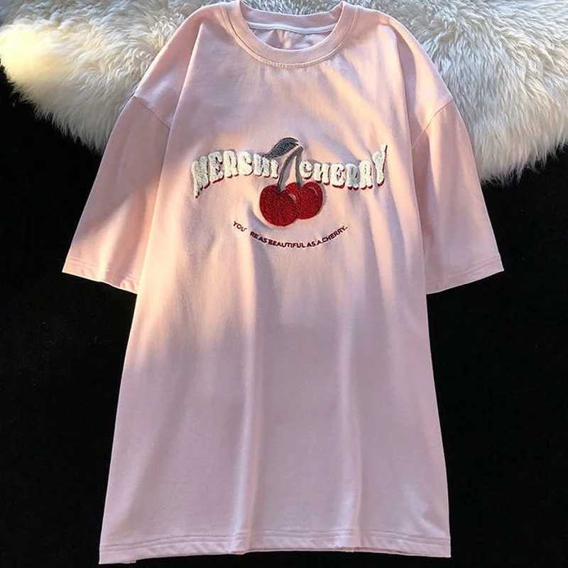 Women's T-Shirt Fashion Korean Brand Chic Flock Cherry Embroidery T Shirts Kawaii Girls Tops 2022 Summer Large 3XL Harajuku Oversized Tns Y240509