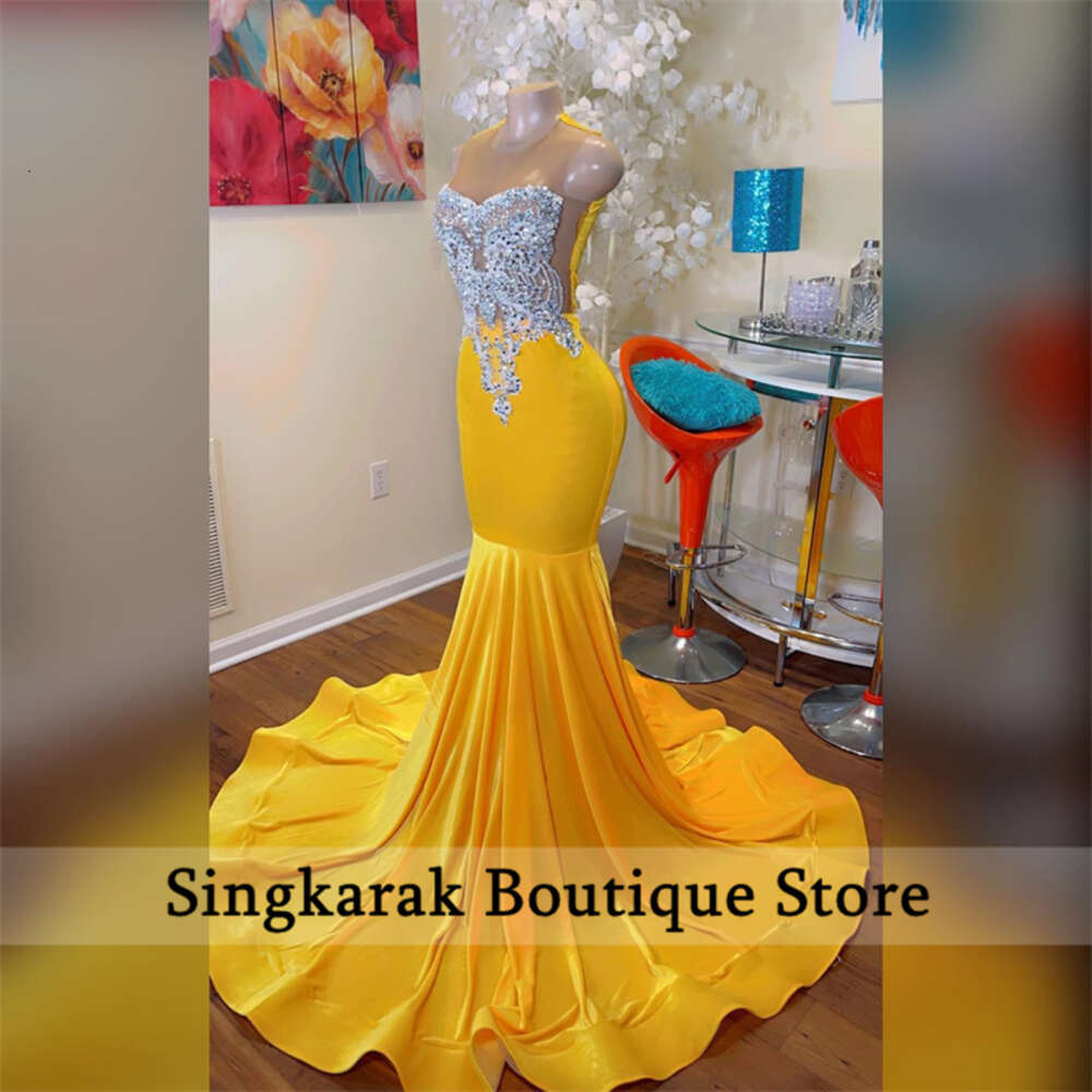 Sexy Dias Yellow Long Prom Dress For Black Girls Veet Beaded Crystal Birthday Party Dresses Mermaid Evening Gown Robe De