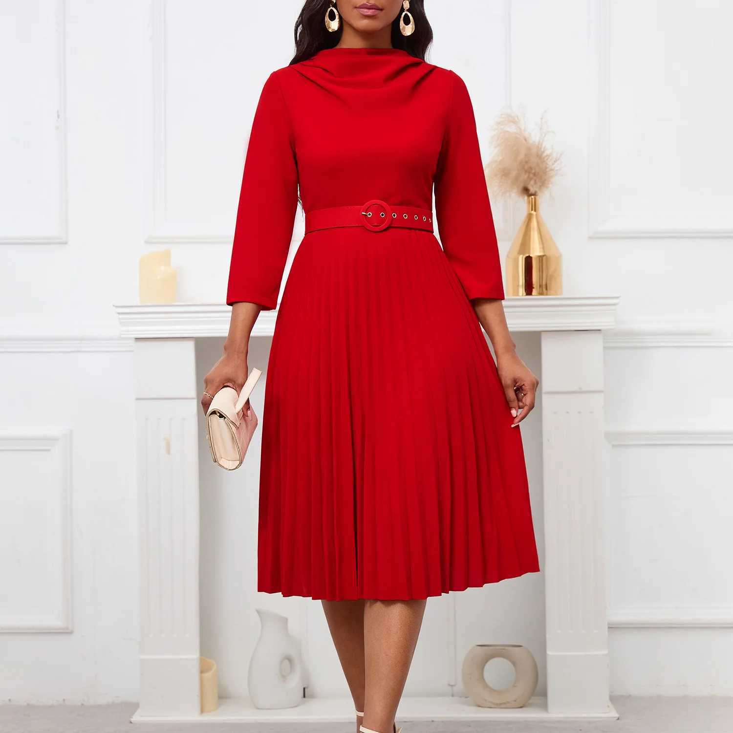 Plus size Dresses Latest Design Elegant Dresses Women Casual Solid Color Long Slve Pleated Dress Fashionable Ladies Office Dress With Belt Y240510