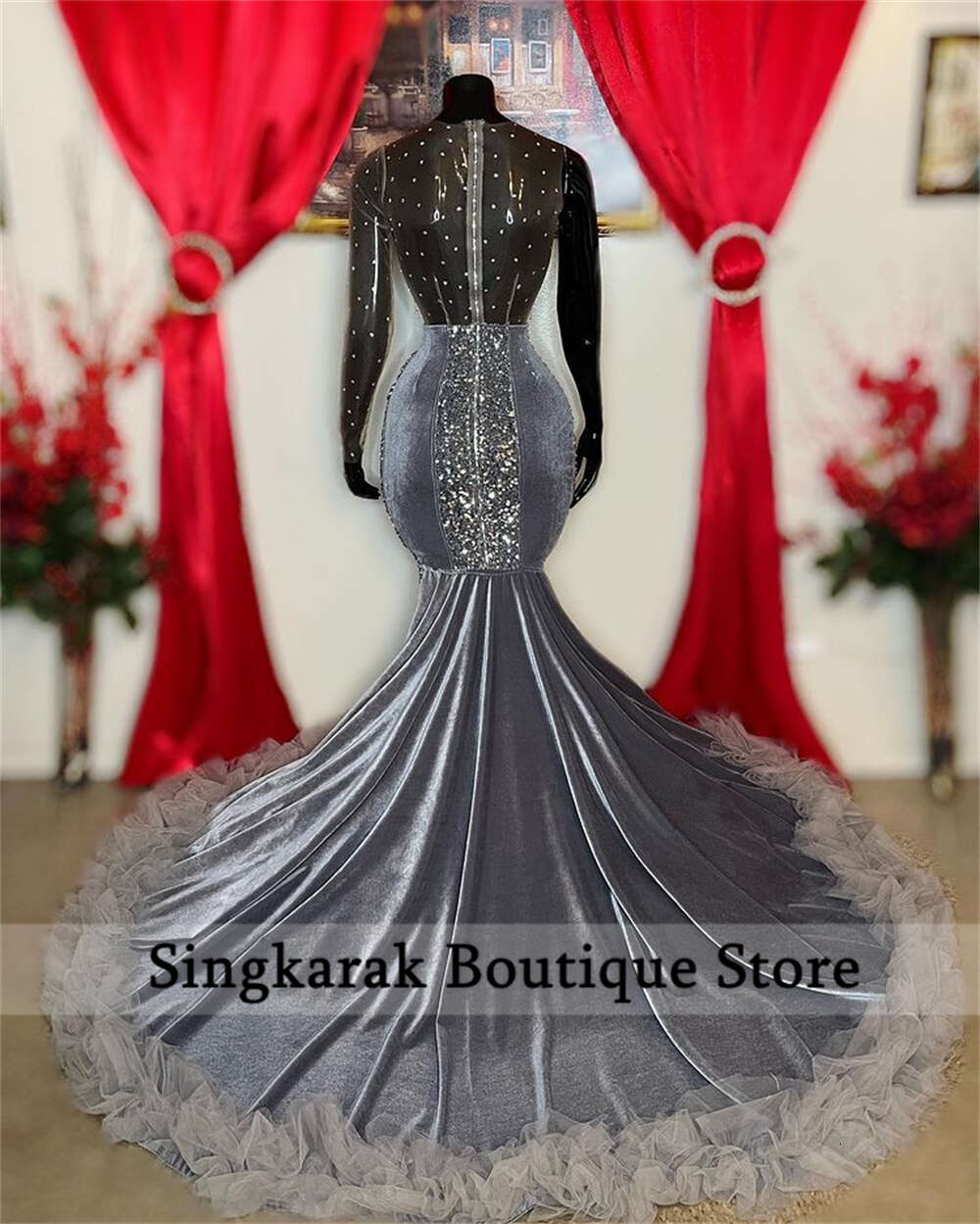 Sparkly Dias Prom Dress 2024 For Black Girls Mesh Sleeves Glitter Crystal Ruffle Bead Evening Party Gown Robe