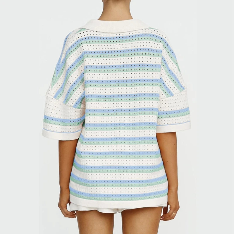 Women Casual 2 Pieces Set Loungewear Matching Suits Stripe Contrast Color Button Crochet Knit Blouse Tops Shorts Outfits 240423
