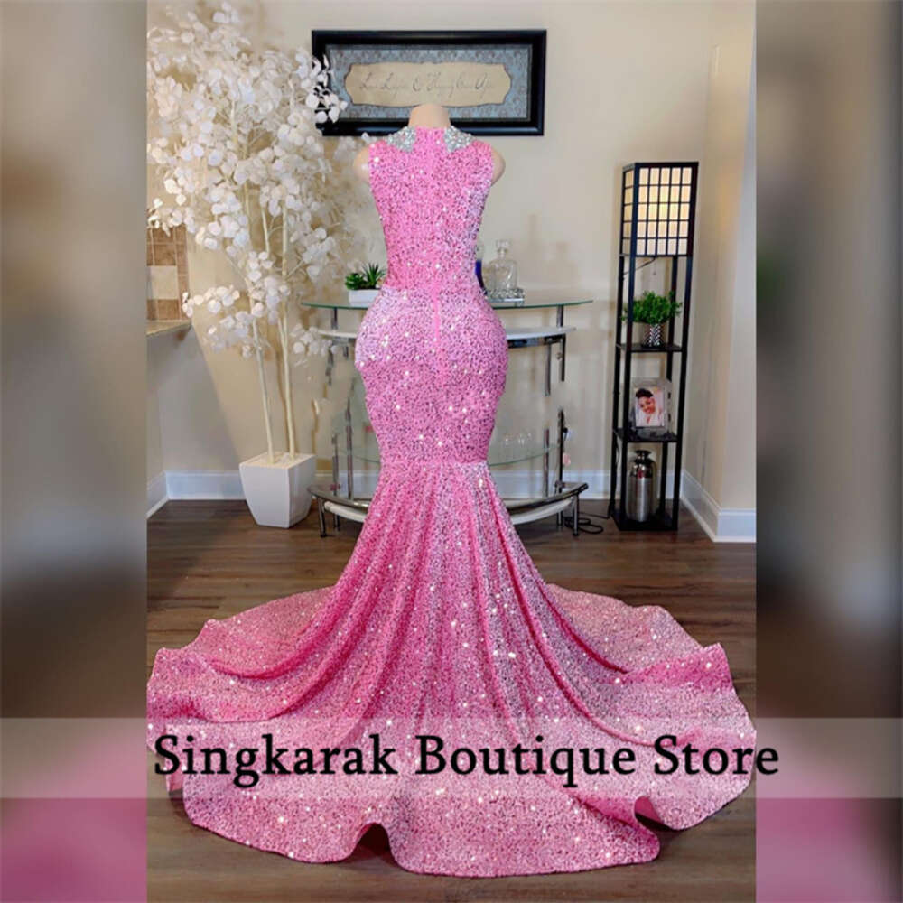 Glitter Pink Mermaid Prom Dress For Black Girls Sparkly Crystal Rhies Beading Birthday Party Homecoming Sequins Gown 6660311