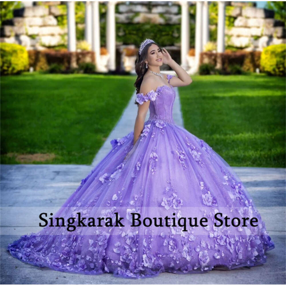 Lavender Lilac Princess Sweet 16 Quinceanera Dresses 2024 3D wers Applique Pearls Beads Crystals Ball Gown Vestido De 15 Anos