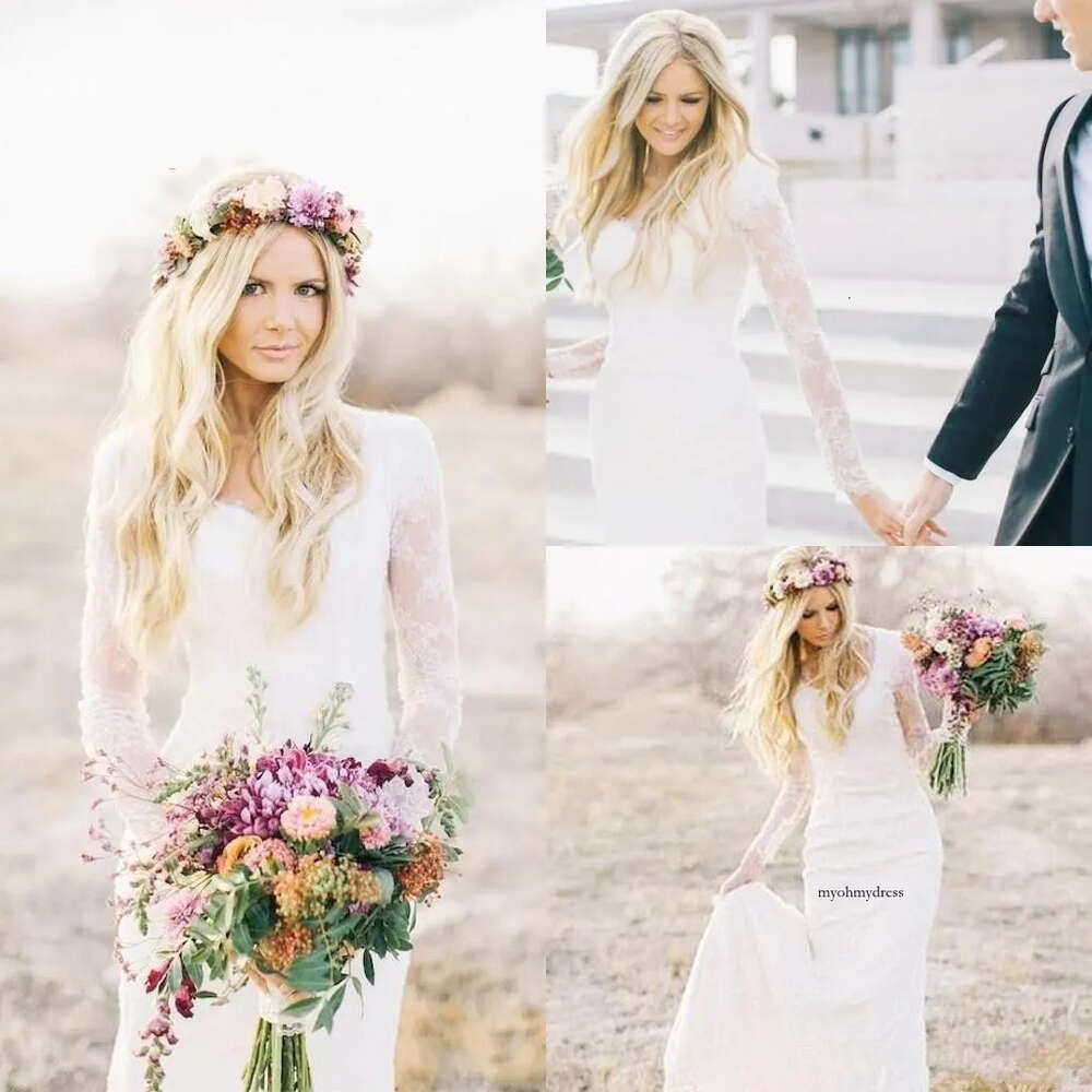 Custom Made Vintage Country Style Bohemian Wedding Dresses 2020 V Neck Long Sleeves Plus Size Sheer Lace Boho Bridal Gowns 03 0510