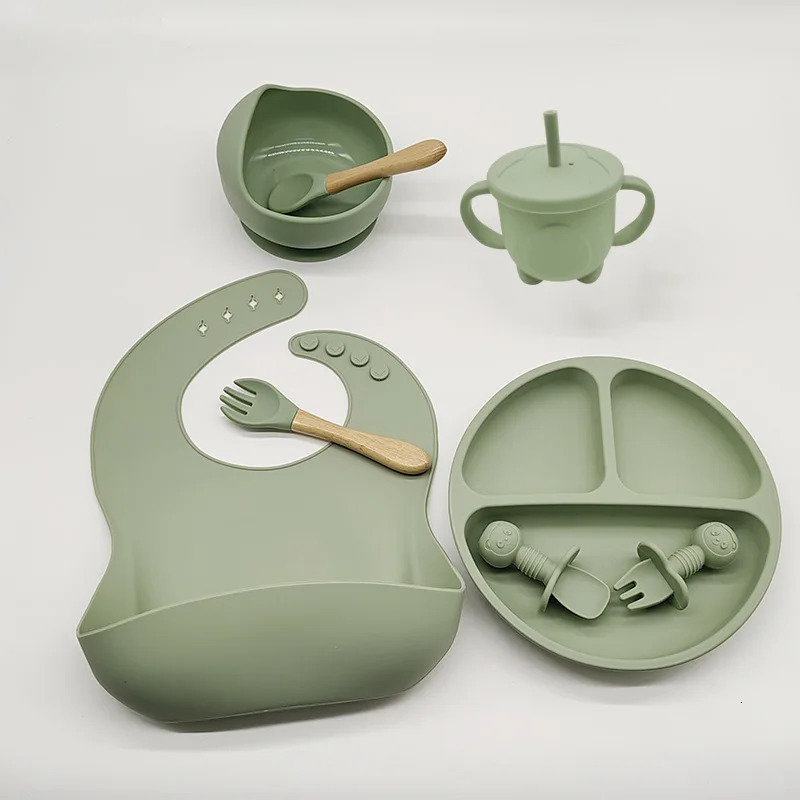 Childrens Tableware Set Baby Complementary Food Training Silicone Tableware 8pce Set Baby Suction Cups Bowls Baby Supplies 240510
