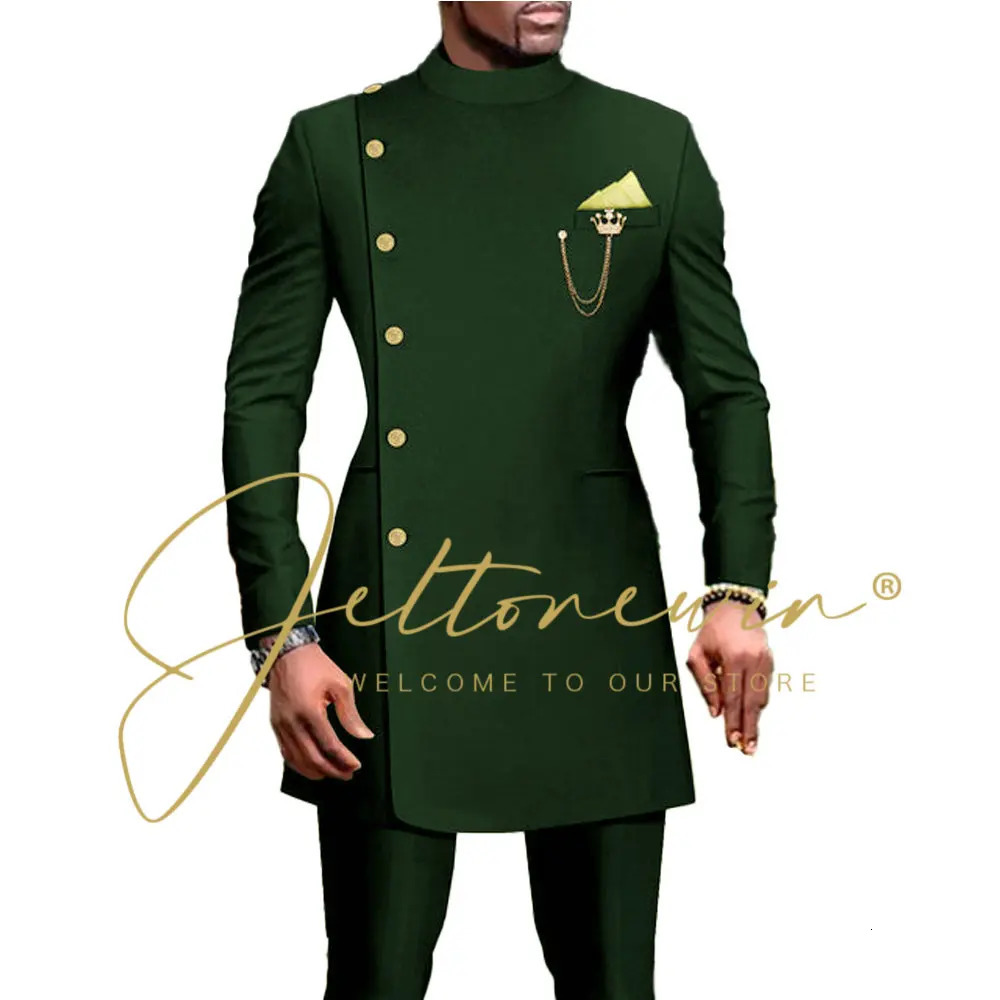 Dark Green Suit For Men Double Breasted Wedding Blazer Sets Formal Groom Wear Male Party Suits 2 Pieces Tuxedo Jacket Pant 240429