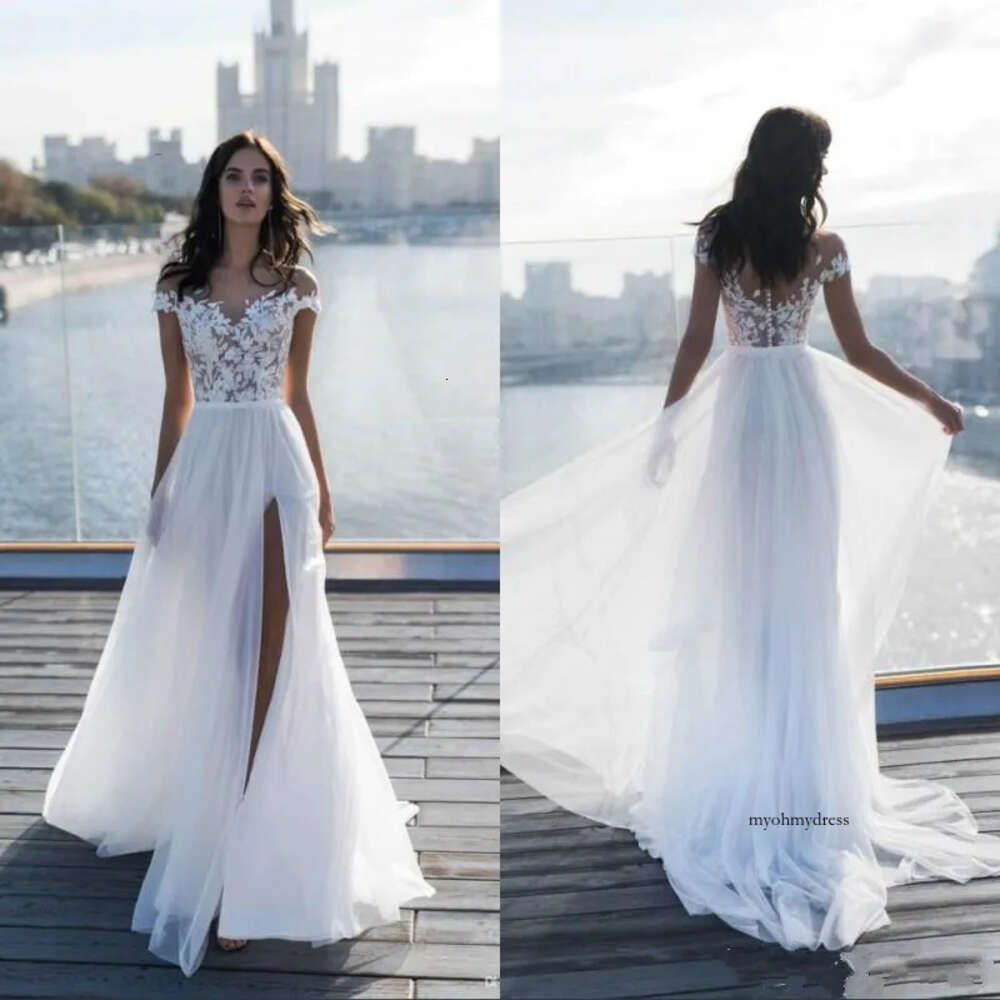 Summer Beach A Line Dresses Capped Sleeve Sheer Neck Lace Bohemian Wedding High Thigh Slit Bridal Gowns Buttons Floor Length 0510