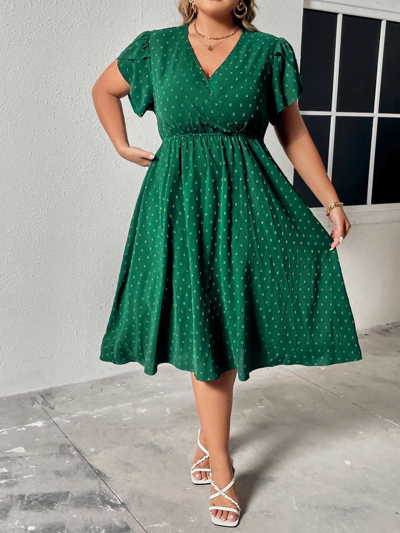 Plus size Dresses Plus Size Surplice Neck Swiss Dot A-Line Dress Women Vacation Casual Summer Boho Elastic Waist Large Size Elegant Midi Dresses Y2405