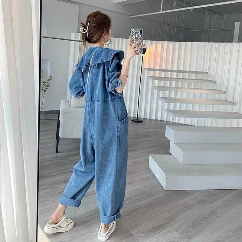 Women's Jumpsuits Rompers Denim Jumpsuits for Women Doll Collar Half Slved Korean Style Overalls Solid Workwear Women Rompers Casual Vintage Play