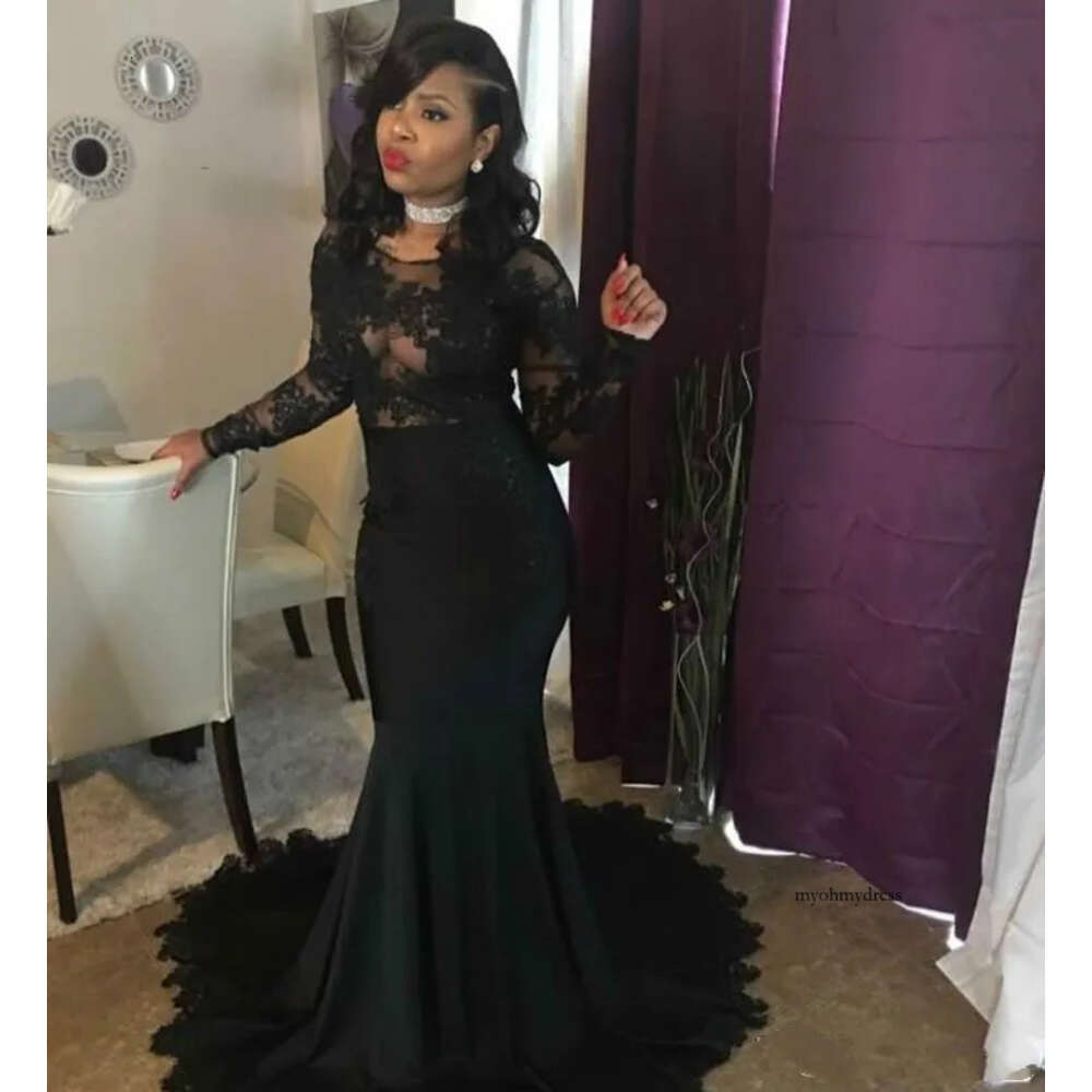 Sexy Illusion Mermaid Prom Black Lace Graduation Party Gowns Sheer Evening Dresses Long Sleeve African Vestido De Festa Longo 0510