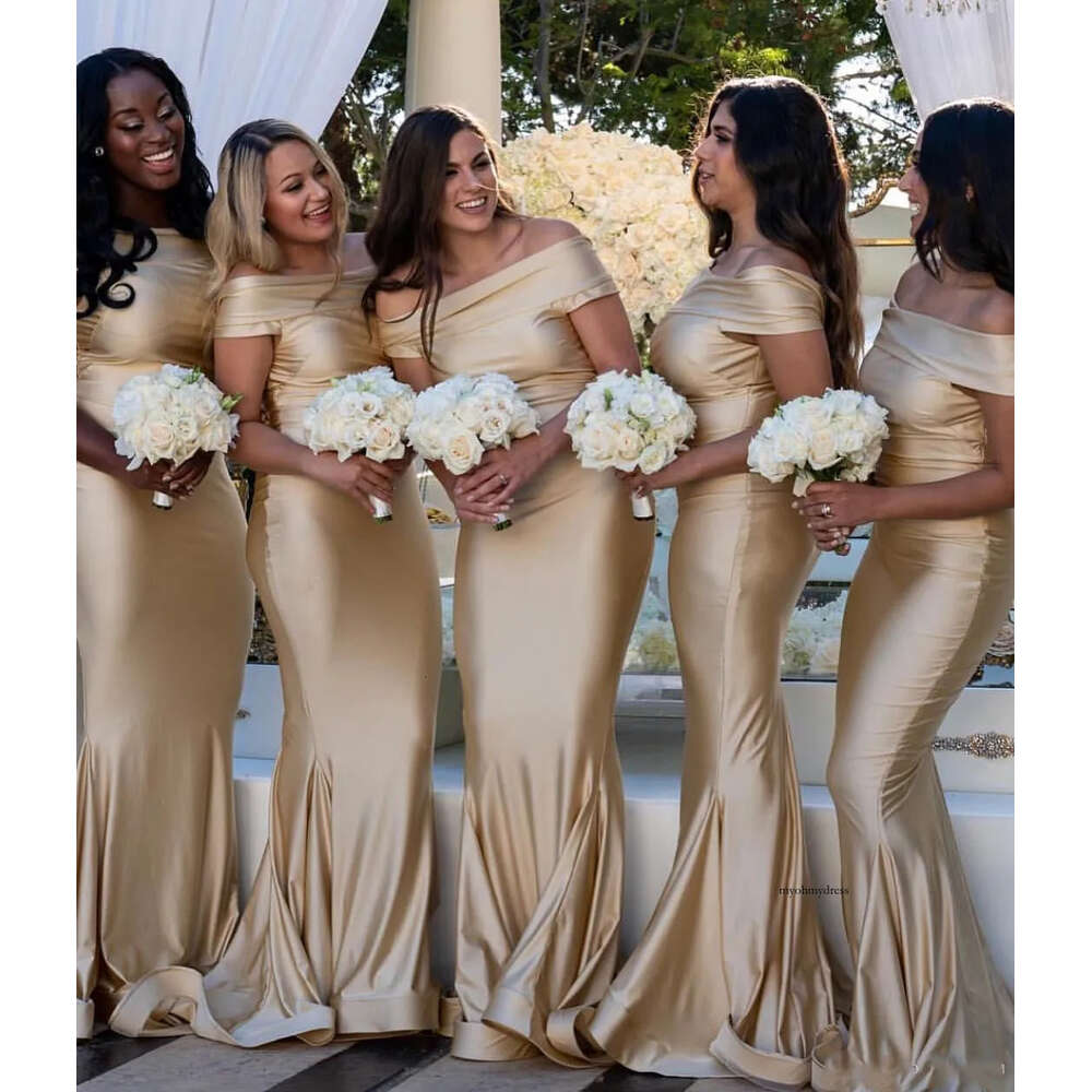 Simple Champagne Long Mermaid 2019 Off Shoulder Elastic Silk Bridesmaid Gowns Maid Of Honor Wedding Guest Dresses 0510