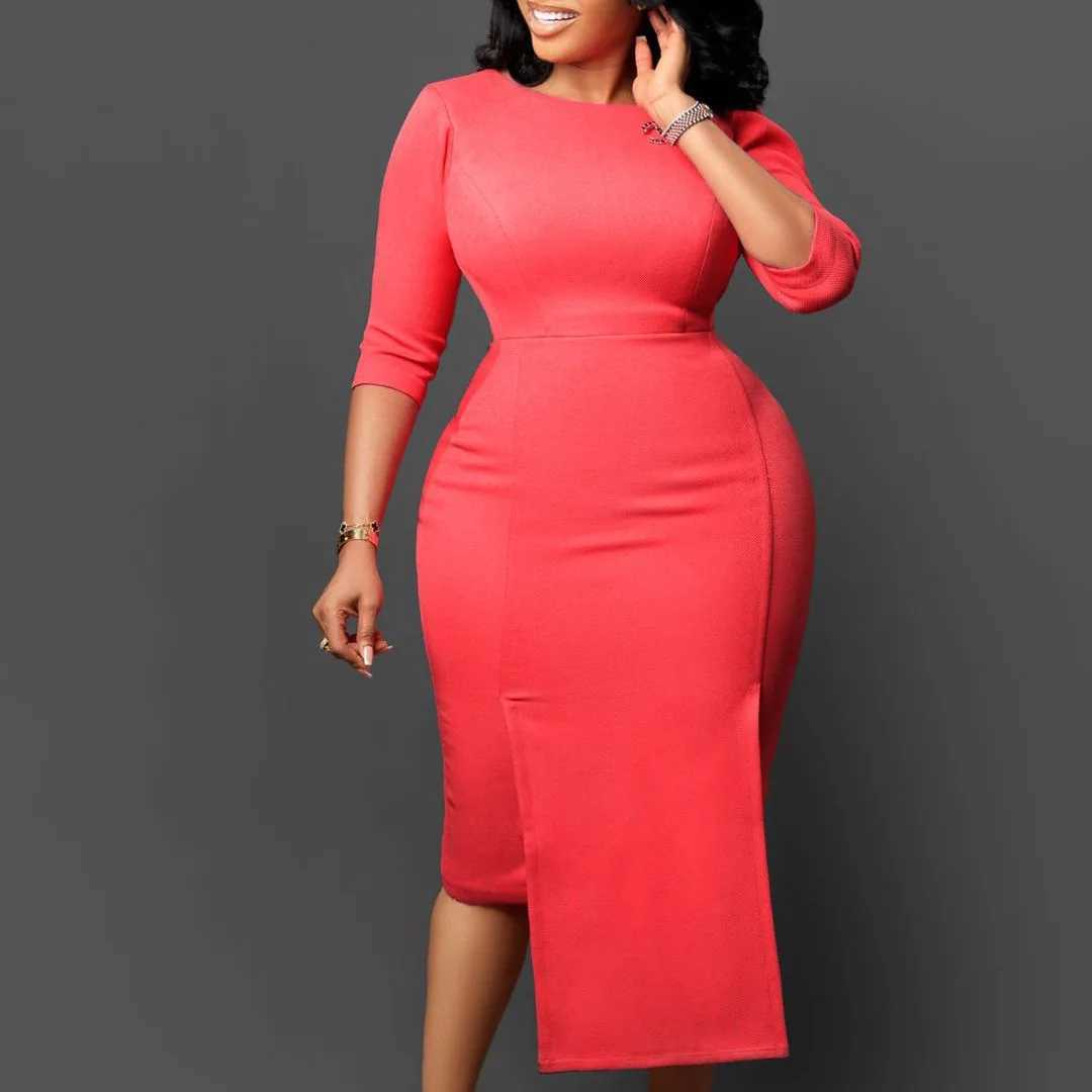 Plus size Dresses New Women Elegant Dress O-neck Half Slve Temperament Dress Kn Length Office Lady Slim Pencil Dress for women Y240510