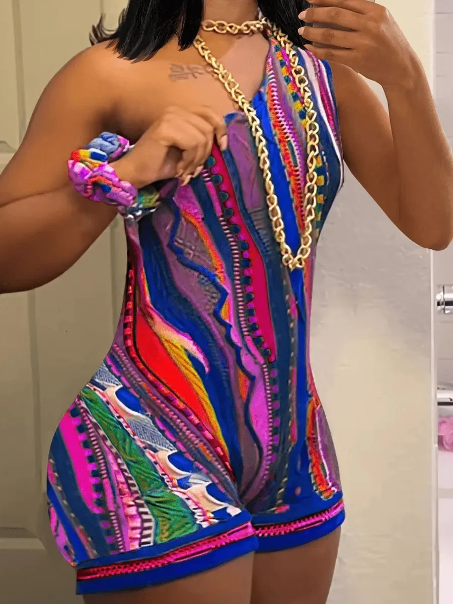 LW Asymmetrical Neck Multicolor Bodysuits One Shoulder Tribal Mixed Print Romper Sleeveless Stretch Slim Pullover Jumpsuits 240423