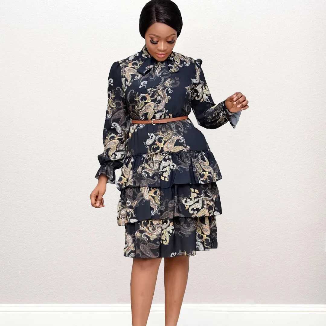 Plus size Dresses Autumn Africa fashion design womens floral dress with belt plus size bow collar latest elegance ladys causal dress Y240510