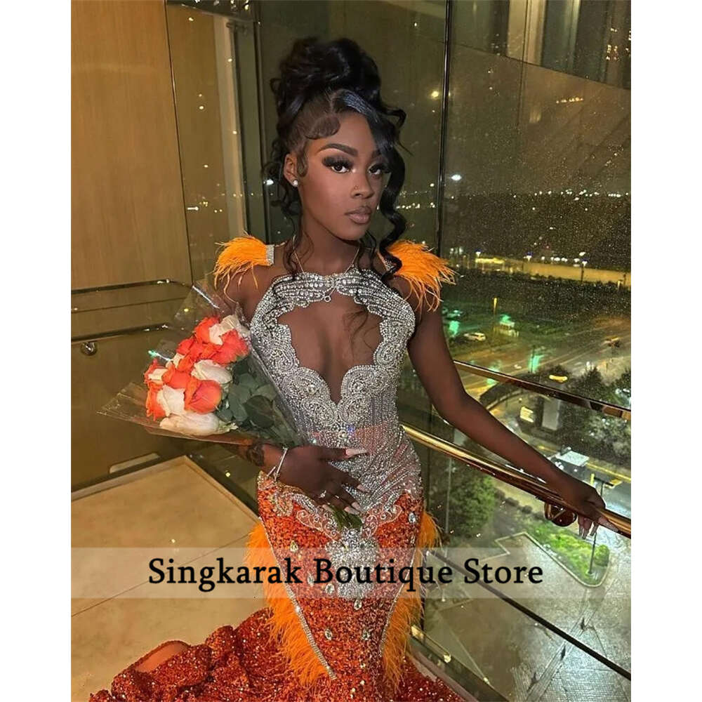 Sparkly Orange Prom Dress 2024 Glitter Crystal Beads Rhies Feathers Sequins special Party Evening Gown Robe