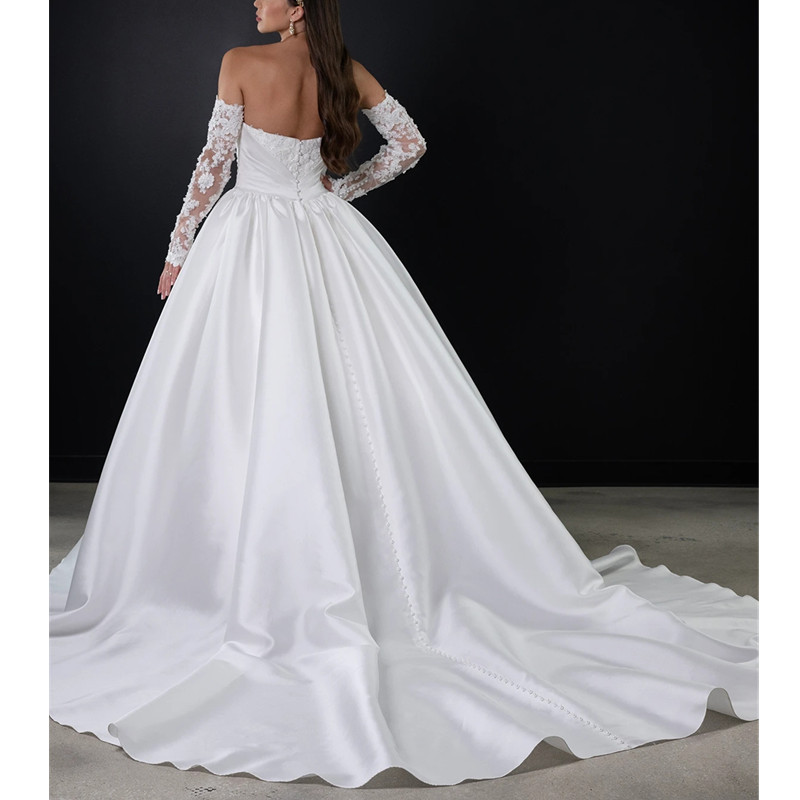 Satin Sexy Strapless Wedding Dress With Pleates Sweetheart Long Sleevesless Lace Women Bridal Formal Gowns Vestidos De Novia