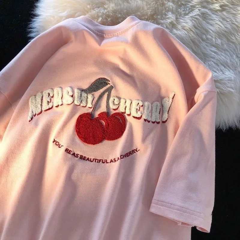 Women's T-Shirt Fashion Korean Brand Chic Flock Cherry Embroidery T Shirts Kawaii Girls Tops 2022 Summer Large 3XL Harajuku Oversized Tns Y240509