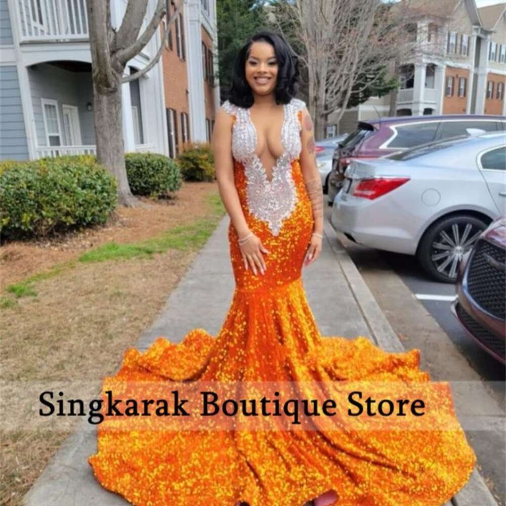 New Arrival Orange Mermaid Prom Dress 2023 For Black Girls Sheer Neck Crystals Rhies Party Gown Robe De Bal 6660306