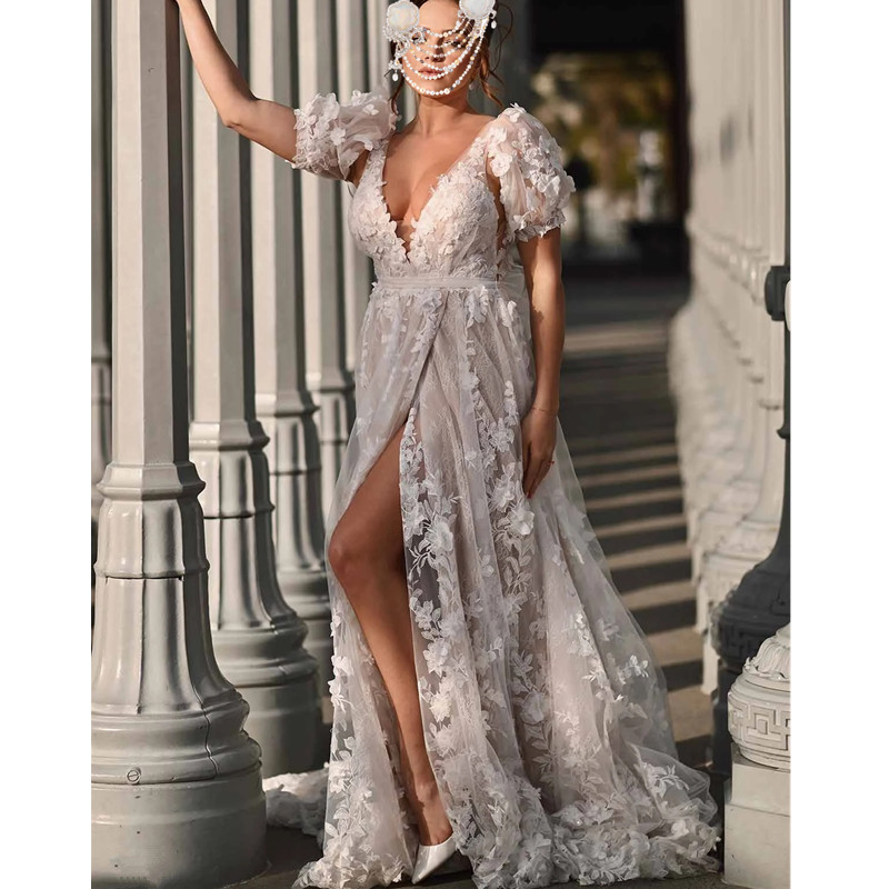 Ebi Arabic Aso Floral Wedding Dress Side Split Exquisite V Neck Lace Appliques Short Sleeves Bridal Gowns Floor Length Vestido De Novia