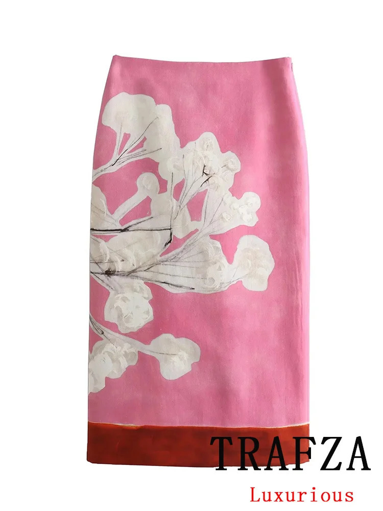 TRAFZA Vintage Casual Women Skirt Flower Print Zipper Long Straight Skirt Fashion Spring Summer Holiday Long Skirt 240506