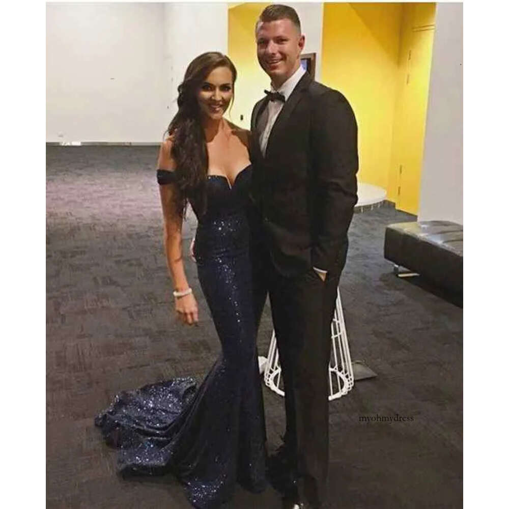 Bling Dark Navy Prom Off The Shoulder Evening Dresses Sleeveless Formal Celebrity Party Gowns Custom Made 0510
