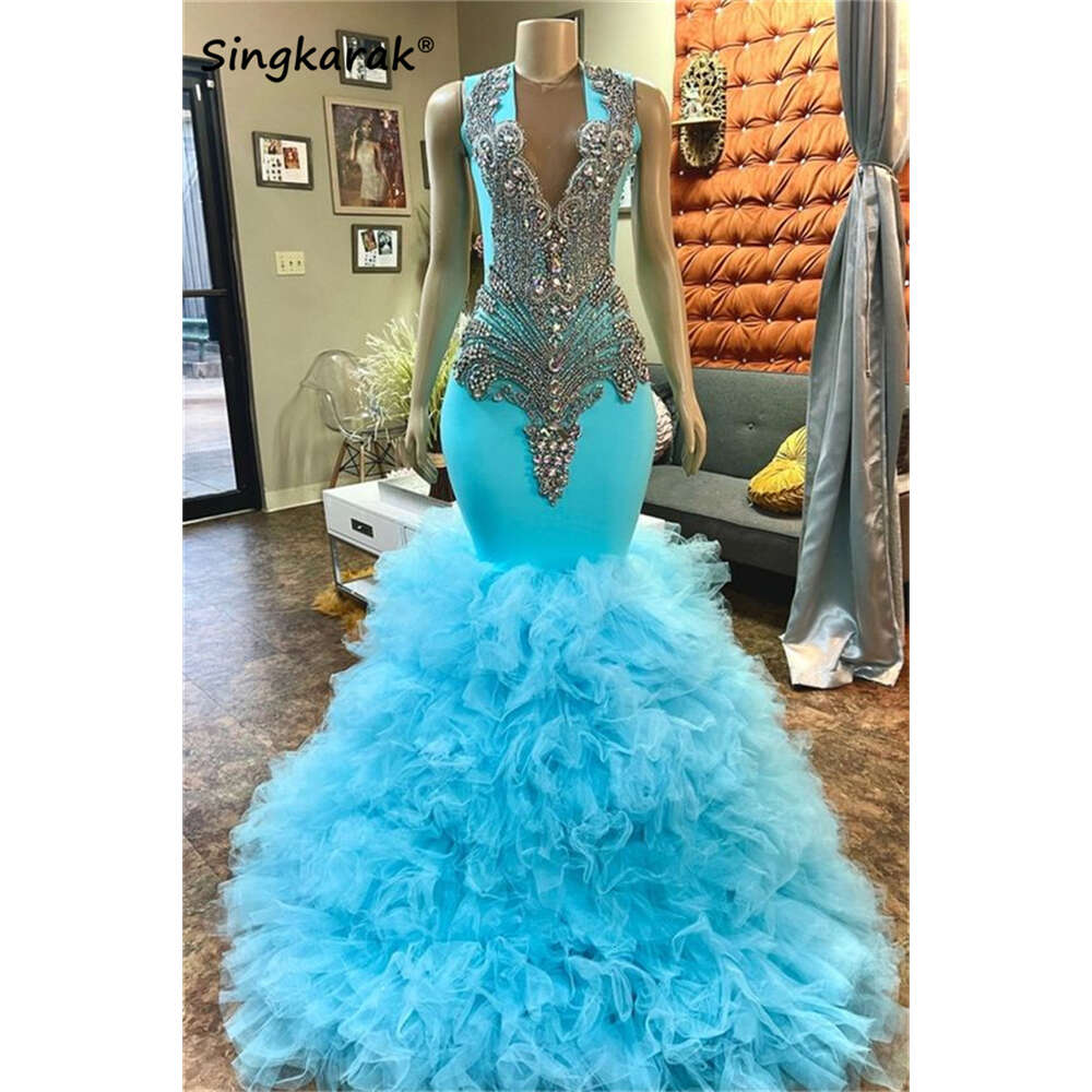 Long Blue Prom Dresses 2024 Sparkly Dia Crystal Rhies Beading Tiered Ruffle Birthday Party Evening Gown Vestidos