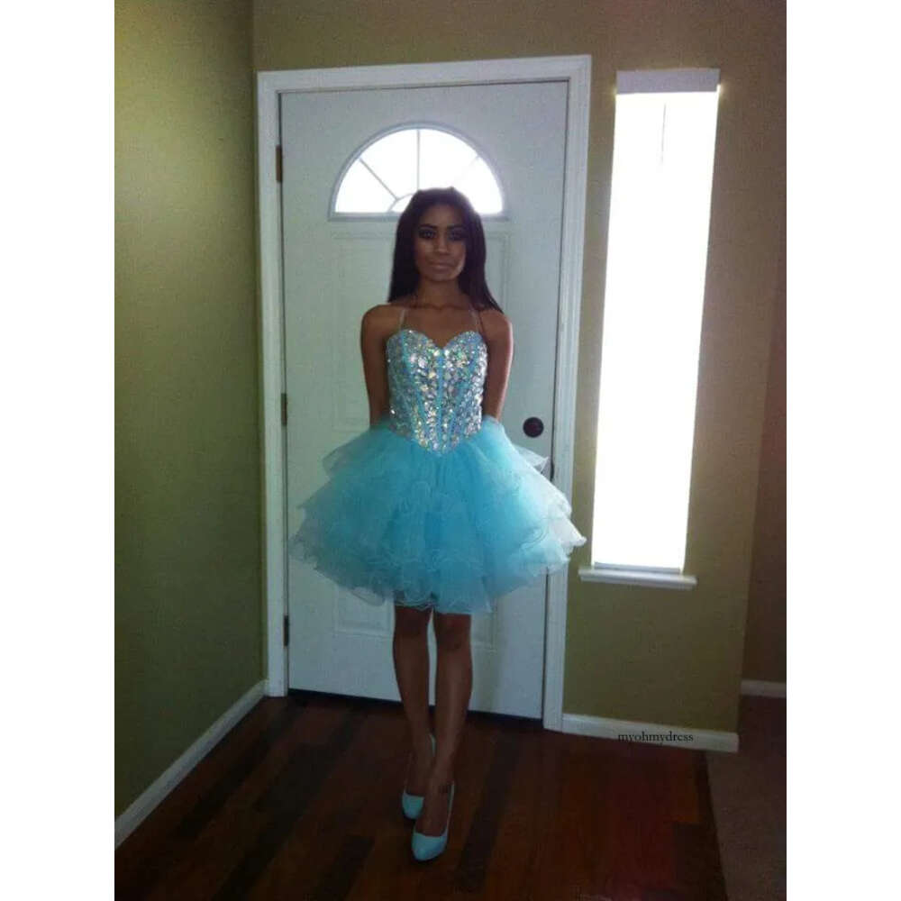 Amazing Blue Short Prom Dresses Crystal Rhinestone Homecoming Short Graduation Dresses Sweetheart Knee Length Tiered Organza Robe De Soiree 0510