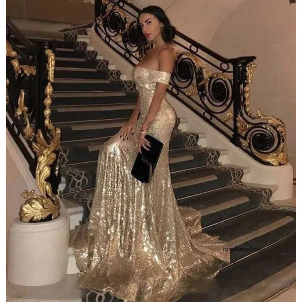Gold Sequined Sweep Train Off The Shoulder Arabic Formal Evening Party Dresses Prom Graduation Gowns Vestido De Festa 2019 0510