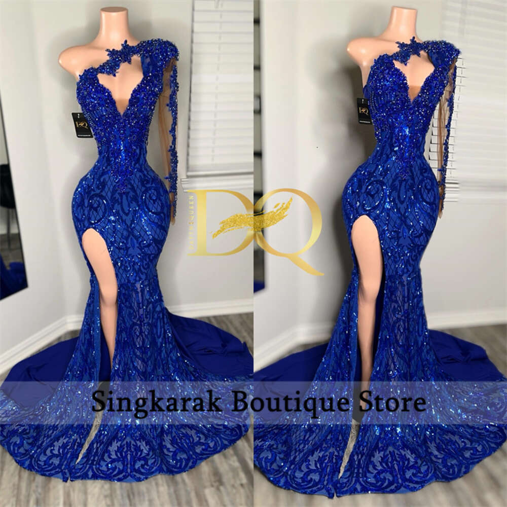 Sparkly Royal Blue Dias Mermaid Prom Glitter Sequins Gown Bead Crystal Rhies One Sleeve Birthday Party Dress