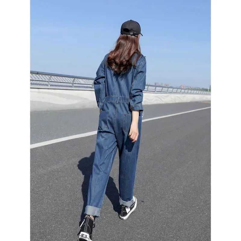 Women's Jumpsuits Rompers Oversized Denim Jumpsuits for Women Blue Denim Long Slved Loose Playsuits High Waist Casual One Piece Outfits Women Ove